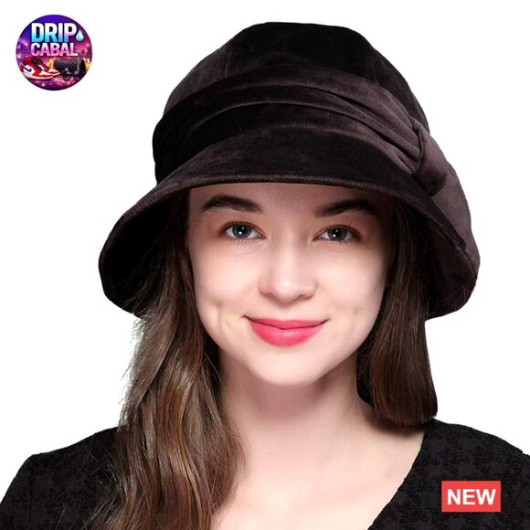 Velvet Fedora Hat with Bow, Vintage Cloche Style, Adjustable Drawstring